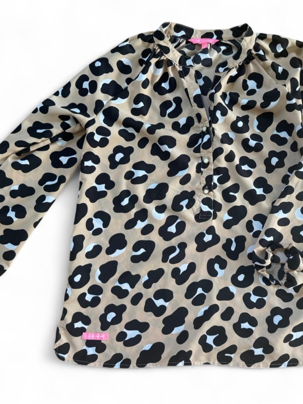 Simply Southern Beige Blouse with Black & Light Blue Leopard Spots